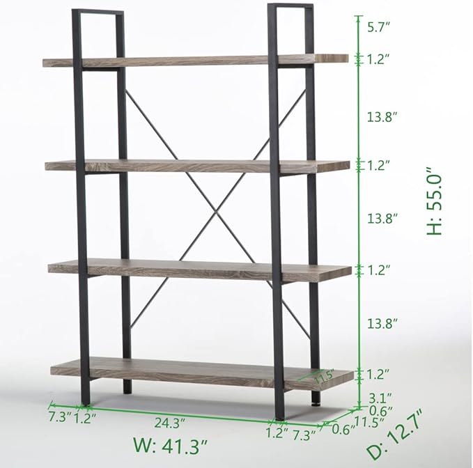 HSH 4-Shelf Vintage Industrial Bookshelf, Rustic Gray Wood and Metal 4 Tier Bookcase, Open Wide Etagere Book Shelf for Home Office Livingroom Bedroom Dispaly, Light Grey Oak
