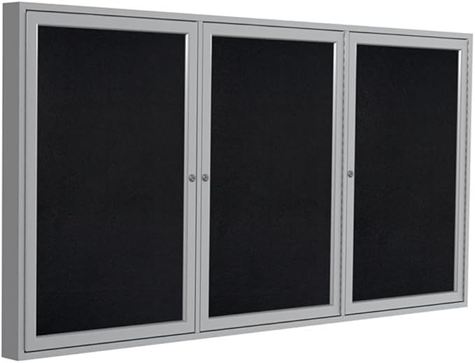 Ghent 48" x 96" 3-Door indoor Enclosed Recycled Rubber Bulletin Board, Shatter Resistant, with Lock, Satin Aluminum Frame,Black (PA34896TR-BK)-Made in USA