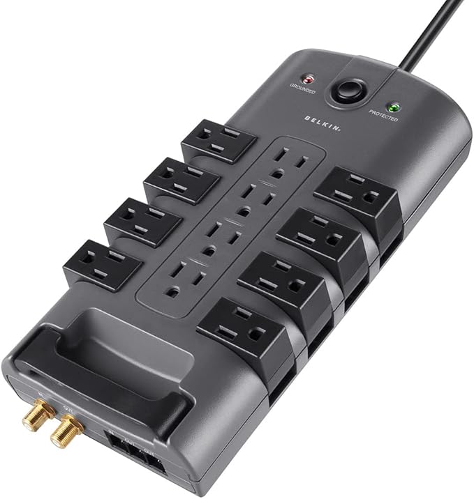 Belkin Surge Protector w/ 8 Rotating & 4 Standard Outlets (Pack of 5) - 8ft Sturdy Extension Cord with Flat Pivot Plug for Home, Office, Travel, & Desktop - Power Strip - 4320 Joules