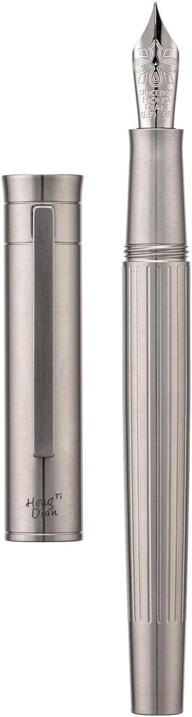Hongdian T1 Titanium Fountain Pen, Iridium Extra Fine Soft Nib Chinese Knot Carving with Converter and Metal Box Set