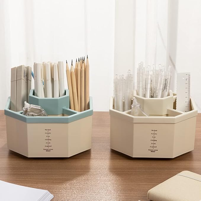 Desk Organizer, 360-Degree Rotating Multi-Functional Pen Holder, 5 Compartments Desktop Stationary Organizer, Home Office Art Supply Storage Box Caddy (White+Blue)