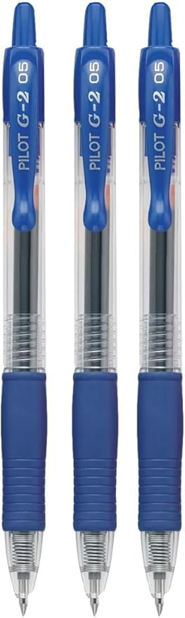 G2 Retractable Premium Gel Ink Roller Ball Pens Extra Fine Point (.5mm) Blue Ink 3 pack; Refillable & Premium Comfort Grip Bundle with Plastic Reusable Pouch