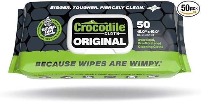 Crocodile Cloth Original Cleaning Wipes – 50 (15” x 10”) Hand & Tool Industrial Cleaning Wipes – Large Multi-Surface Cleaning Cloths, Water-Based Solution with Extreme Cleaning Power — Safe on Skin