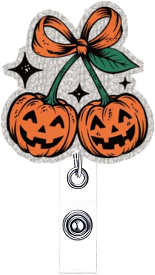 Halloween Cute Pumpkin Badge Reel Holder Retractable for Nurse Nursing Medical Worker & Teacher Pumpkin Bow Badge Reel with Alligator Clip & Durable Nylon Cord Acrylic Name Tag Card Badge Clip