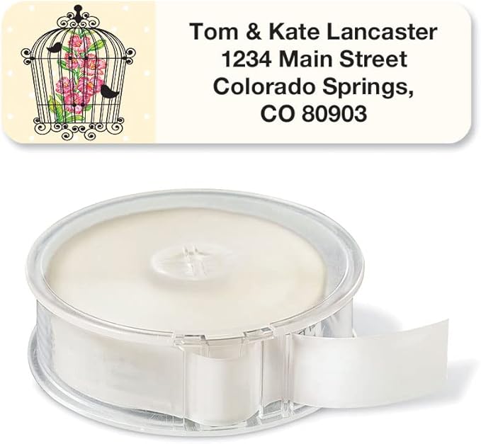 Birdcages Rolled Personalized Return Address Mailing Labels with Dispense, Set of 250, 5 Designs, Small ¾ x 2½ Inch Size, Custom Self-Adhesive Sticker Roll, by Colorful Images