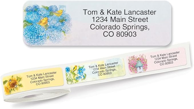 Everyday Birds Rolled Personalized Return Address Mailing Labels with Dispenser, Set of 250, Small ¾ x 2½ Inch Size, Custom Self-Adhesive Sticker Roll, by Colorful Images