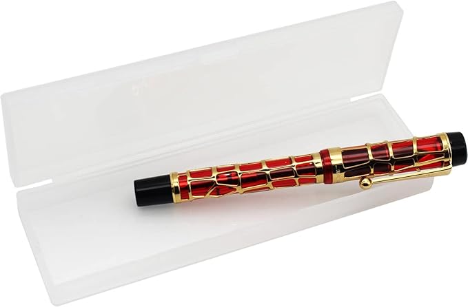 Gullor Century 100 Fountain Pen, Skeleton Hollow-out Series Golden, Screw-Cap, Fine Nib, Transparent Red