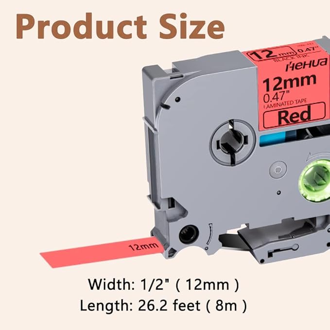 Hehua Tape Tze Tz 12mm 0.47 Laminated Red Compatible for Brother P-Touch TZe-431 TZe431 TZ-431 TZ431 Tape for Ptouch PT D210 D200 D220 D610 H110, 1/2'' x 26.2ft Black on Red, 3 Pack