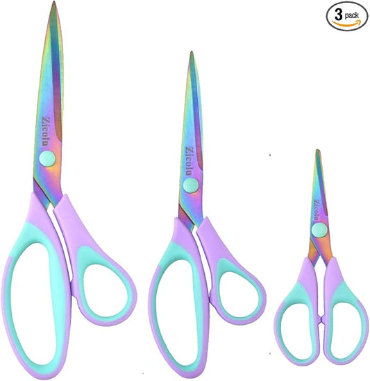 Craft Scissors Set of 3 pack, Sharp Rainbow Titanium Coating All Purpose Scissors, Ergonomic Semi-Soft Rubber Grip, Suitable for School, Office and Household Use, 9.2''/8.5''/5.6"