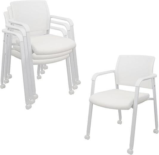 CLATINA Stacking Office Chairs with Wheels | Mesh Back, Thicken Leather Seat and Streamline Armrests, Ergonomic Lumber Support | School, Desk, Guest Reception, Waiting, Conference | Set of 4, White