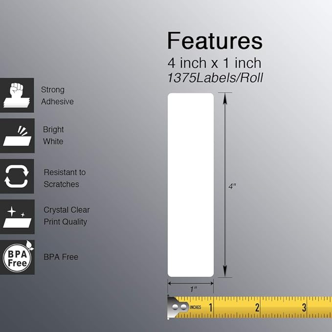BETCKEY - 4" x 1" (102 mm x 25 mm) Multipurpose Labels Compatible with Zebra & Rollo Label Printer,Premium Adhesive & Perforated [1 Rolls, 1375 Labels]
