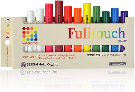 Hagoromo Fulltouch Color Chalk - Non-Toxic [12 Pcs/10 Color Mix] 1 Box, Dustless Washable Chalk for Kids & Professionals, Sidewalk & Blackboard