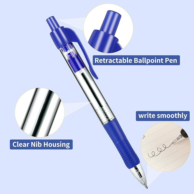 Blcculi 200 Pack Retractable Ballpoint Pens Bulk,1.0 mm Medium Point Pen,Blue Gel Ink Pens,Smooth Writing Pens with Comfortable Grip for Office Supplies Journal Writing (Blue Ink)