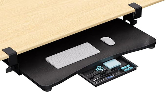 Desktop Keyboard Tray, Under Desk Pull Out,25.59" X 11.81" Large Size Radian Keyboard Tray with C-Clip Mount, Easy Installation, Computer Keyboard Stand, for Home Study and Office(Black)
