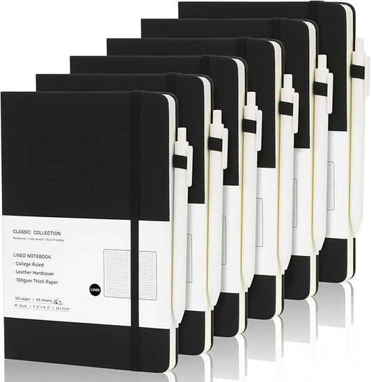 Coopay 6 Pack A5 Journal Notebook with 6 White Pens Bulk Classic Ruled Hardcover Leather Journal Set with Pen Holder for Men Women Writing Office Home School Business, 100GSM, 8.3” x 5.5” (Black)