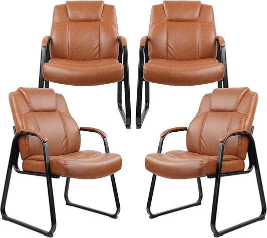 CLATINA Big & Tall 500 lb. Guest Chair, PU Leather Office Reception Chairs with Sled Base, Desk Chair No Wheels for Waiting Room Conference Lobby Computer Living Room, Brown, 4 Pack