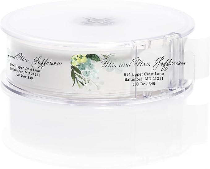 Clear Floral Greenery Rolled Address Labels / 250 Personalized Return Address Labels/Custom Address Stickers in Elegant Plastic Dispenser