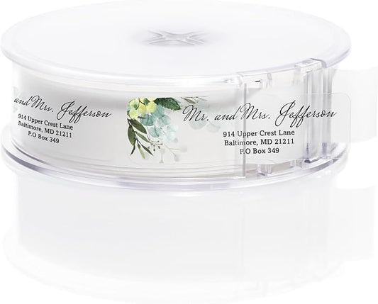 Clear Floral Greenery Rolled Address Labels / 250 Personalized Return Address Labels/Custom Address Stickers in Elegant Plastic Dispenser