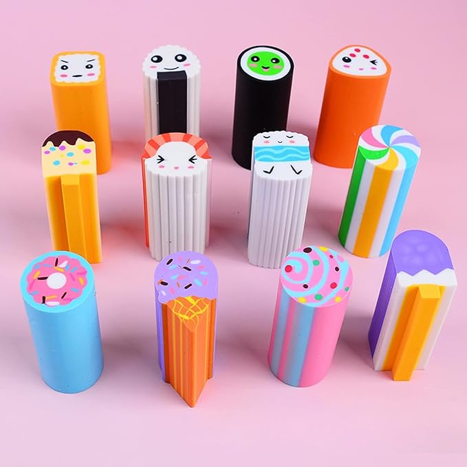 Food Erasers 12 Pack Sushi Desserts Desk Pet Erasers for Kids Cute Fun School Supplies Prize Gifts Party Favors