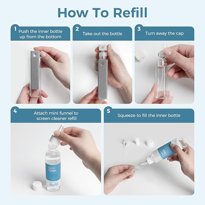 Click Clean Screen Cleaner Kits - 4 All-in-One Screen Cleaner with 4 oz Cleaner Refill, 1 Microfiber Cloth(7.8 x 7.8in), 1 Mini Refill Funnel, and 1 Sprayer - for All Phones, Laptop and Tablet Screens