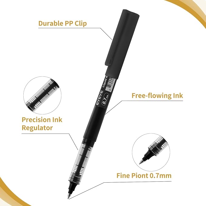 EYEYE Rollerball Pens Black 12 Pack, 0.7mm Fine Point Rollering Ball Pen Quick Dry, Liquid Ink Pens Fine Point Smooth Writing Pen for Journaling, Note Taking, Office and School Supplies