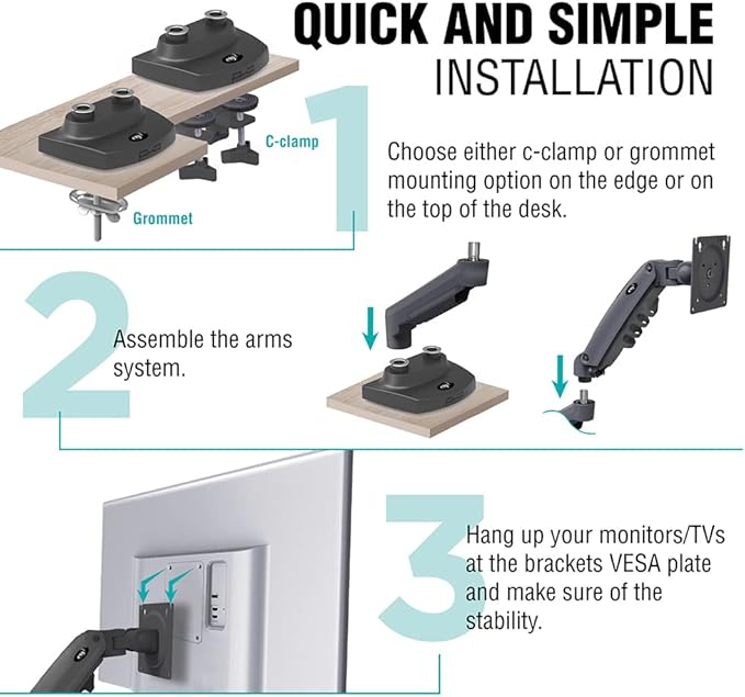 ELG Full Motion Swivel Dual Monitor Desk Mount Stand Gas Spring for Two Screens 17” to 35'' (4.4lbs to 19.8lbs Load for Each Display), Computer Monitor Stand F160N, Black