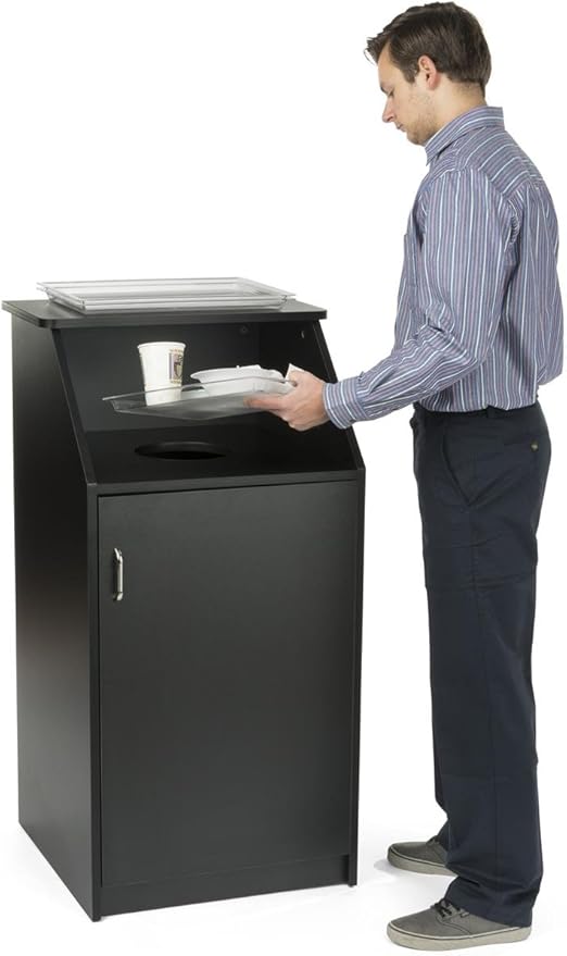 Displays2go Commercial Trash Bin with Black Finish, MDF Construction, Melamine Finish, Circular Cutout - Hinged Door (LCKDTLCSBK)