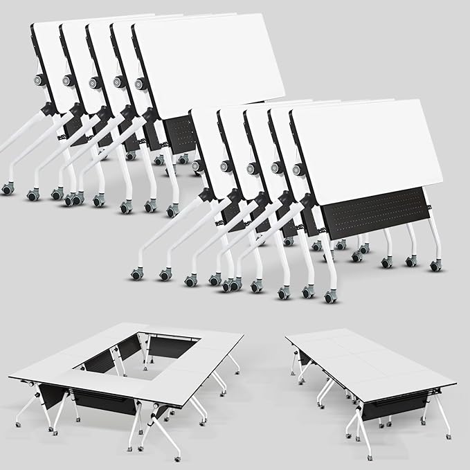 Conference Table, Folding Conference Room Tables, Mobile Training Tables with Silent Wheels, Large Rectangular Modular Seminar Table Office Computer Desks for Classroom White (10Pack L55.1in)