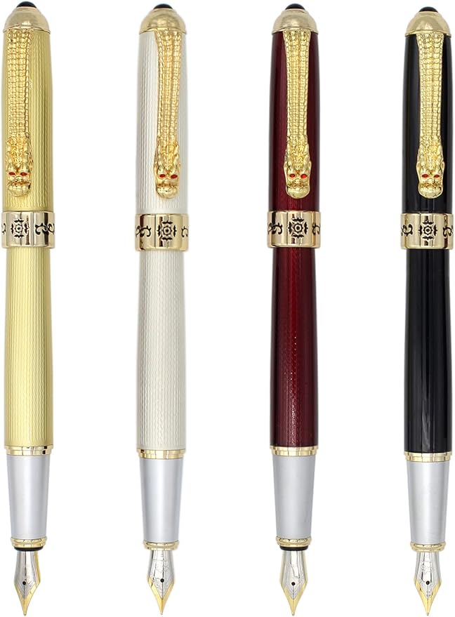 Gullor Fountain Pen with Ink Converter, Golden Dragon Clip, Executive Pen for Smooth Writing, Fine Nib, White