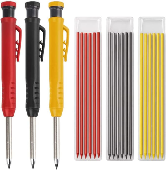 Gegong 3 Pieces Solid Carpenter Pencil with 21 Refill Built-in Sharpener, Long Nosed Deep Hole Mechanical Pencil Marker Marking Tool (Solid Carpenter Pencil Set)