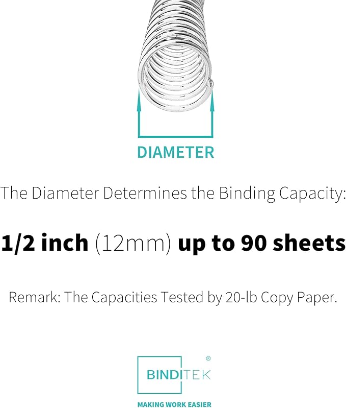 Binditek 50 Pack Plastic Spiral Binding Coils, 12mm(1/2"), 90 Sheet Capacity, 4:1 Pitch, Clear, 48Loops, for Letter Size, for Students and Coworkers