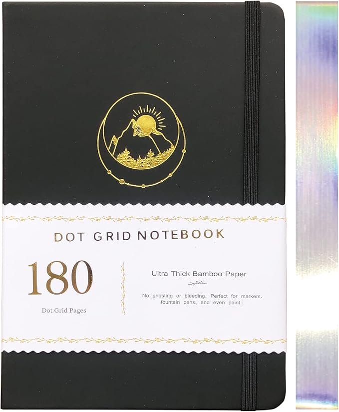 Dotted Notebook Journal 180GSM Bamboo Thick White Paper 160 Pages 5 * 5MM Dot Grid, Lay Flat Binding,Colored Silver Edges, Bookmarks and Expandable Back Pocket (BKP-2)