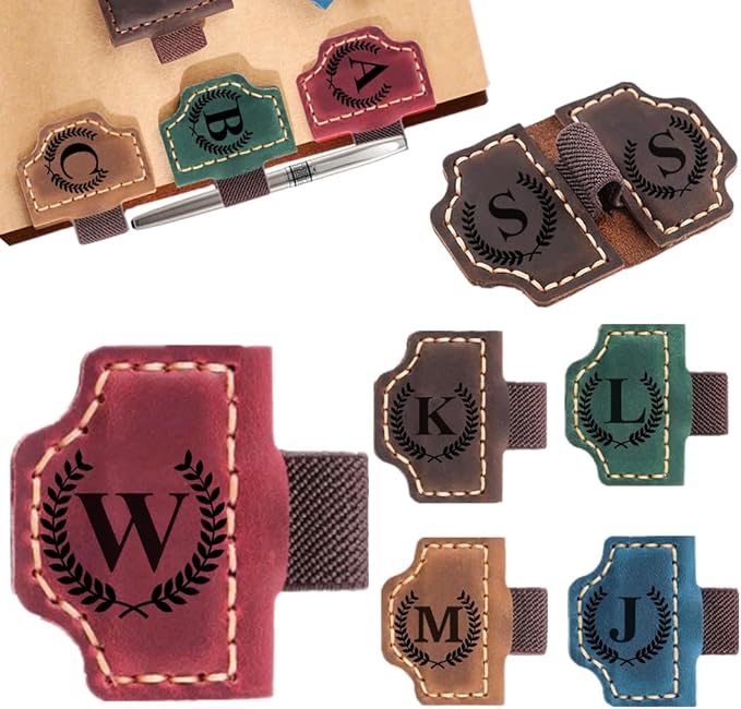 Custom Bookmark with Pen Holder with 26 Letters Personalized Magnetic Leather Book Mark, Customized Name Book Marker Clip with Initial for Men Women, Gifts for Book Lovers, Readers, (Red, W)