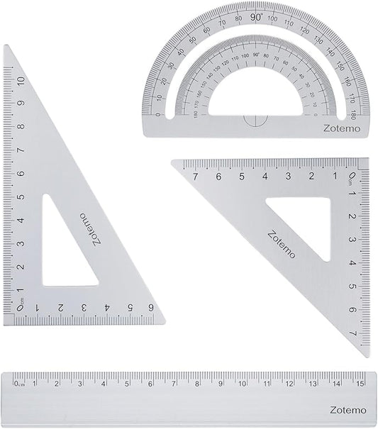 Geometry Ruler Set for Students, Metric Measurement 4-Piece Metal Math Drafting Kit with Non-Slip Design 15 cm Straightedge Ruler, 180° Protractor & 2 Triangles for School Kids (Silver)