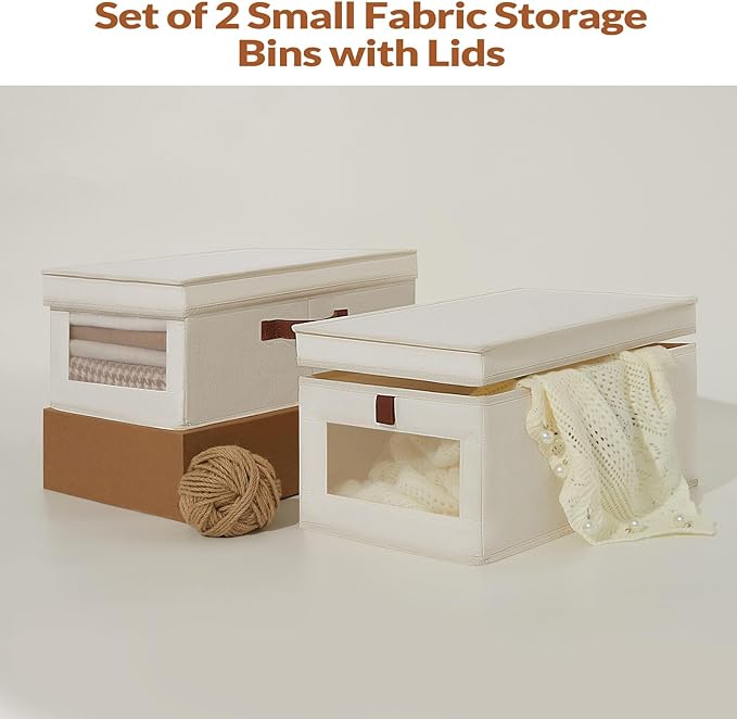 Fabric Storage Bins with Lids, Collapsible Closet Organizer with Sturdy Handles, Clear View Window, Stackable Storage Baskets for Clothes, Towels, Books, Hand Pull Closet Organizer Boxes-2-Pack, Beige
