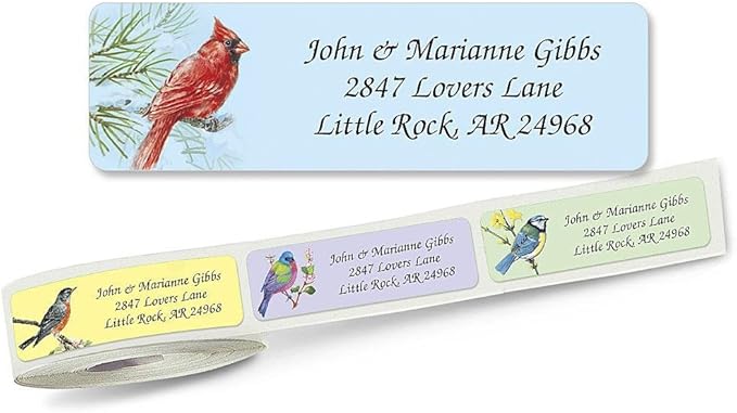 Birds Rolled Personalized Return Address Mailing Labels with Dispenser, Set of 500,5 Designs, Small ¾ x 2½ Inch Size, Custom Self-Adhesive Sticker Roll, by Colorful Images