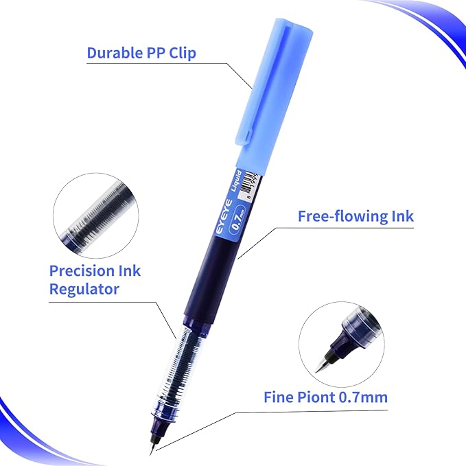 EYEYE Liquid Ink Rollerball Pens 0.7mm Fine Point, 24 Pack Roller Ball Pens Quick Dry, Blue Ink Pens Fine Point Smooth Writing Pens for Journaling, Note Taking, Office and School Supplies