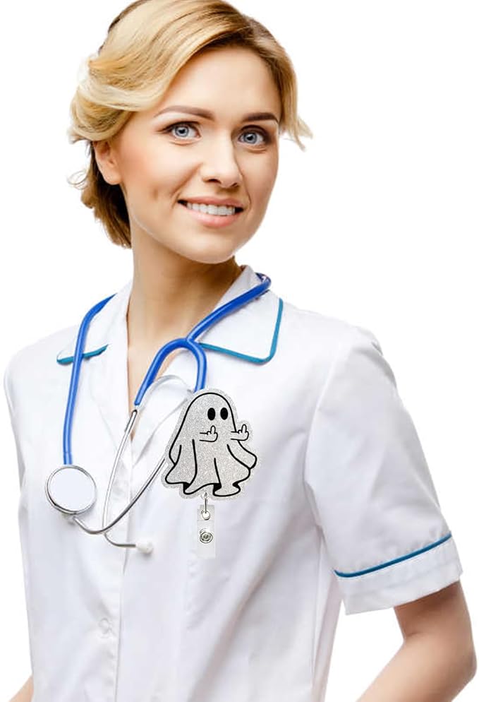 Halloween Badge Reel Funny Middle Finger Ghost Designs Cute Glitter Spooky Acrylic ID Clip Badge Holder with Alligator Clip for Nurse Nursing RN CNA LPN Medical Worker & Office Staff Gift