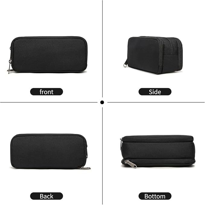 Della Gao Large Capacity Pencil Case, Aesthetic Pencil Pouch with 3 Compartments Nylon Storage Pen Bag Office Stationery Organizer for Women and Men- Black