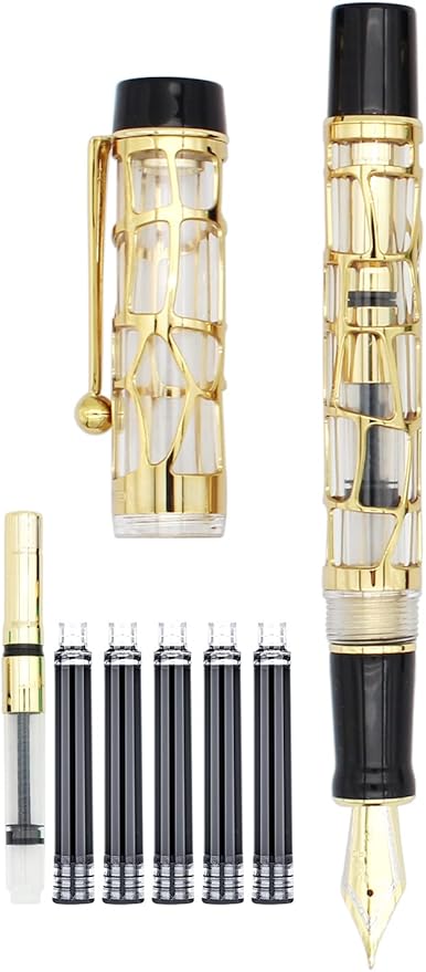 Gullor Century 100 Fountain Pen, Skeleton Hollow-out Series Golden, Screw-Cap, Fine Nib, Transparent