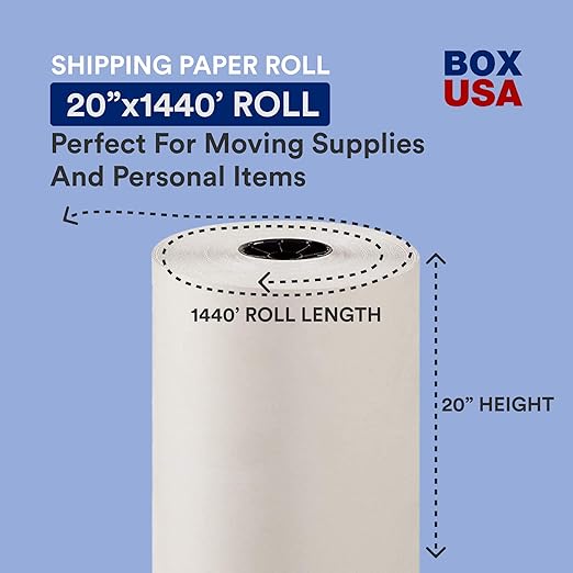 BOX USA Packing Paper Roll 1440'L x 20"W - 1,000 Sheets 17” Long Equivalent - Large White Newsprint for Shipping, Packaging, Storage and Moving Supplies