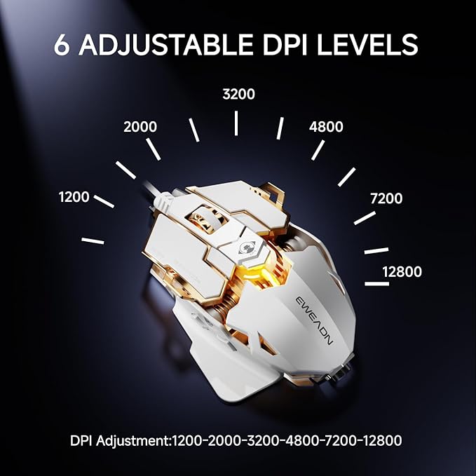 EWEADN G5 Wired Gaming Mouse, Ergonomic RGB Computer Mouse, 12800 Adjustable DPI, 9 Programmable Macro Buttons with Rapid Fire Key Compatible for PC/Laptop/Windows-White