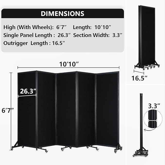 Folding Room Partition, Office Partition Dividers, Privacy Divider Wall, Office Divides, 10'6"W x 6'7"H,Black
