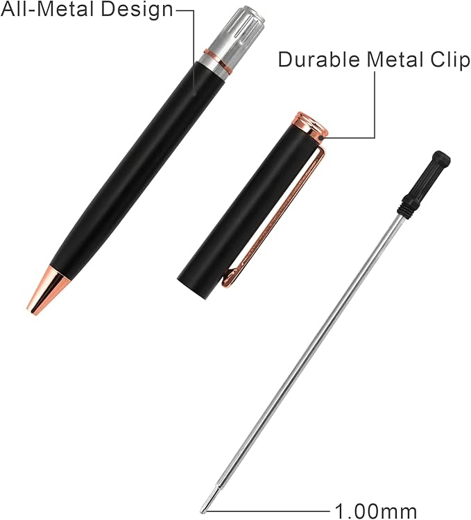 Cambond Ballpoint Pens Black Pen - Bulk Metal Pen Black Ink 1.0 mm Medium Point Rose Gold Pens for Men Women Police Uniform Office Business, 3 Pens with 6 Refills (Black)