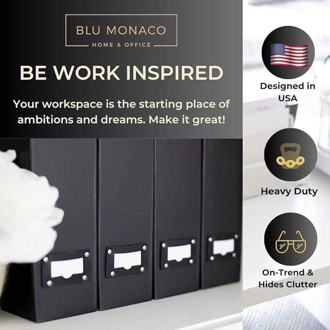 Blu Monaco Foldable Black Magazine File Holder with Leather Label Holder - Set of 6 Cardboard Magazine File Boxes Desk File Organizer
