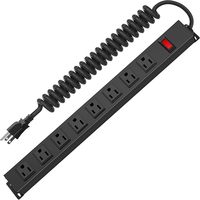 HHSOET 8 Outlet Metal Wall Mount Power Strip, Mountable Outlet with Switch, Heavy Duty Wide Spaced Surge Protector, 6 FT SJT 14AWG Black Spring Cord.