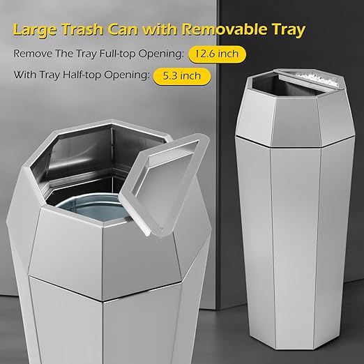 Dyna-Living Commercial Heavy-Duty Trash Cans Outdoor Garbage Can with Lid Large Trash Cans with Inside Cabinet for Patio, Silver Stainless Steel Garbage Can Commercial Indoor Trash Bin for Lobby