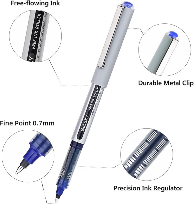 EYEYE Blue Rollerball Pens 12 Pack 0.7mm Medium Point Fine Tip Smooth Writing Pens Quick Dry Liquid Ink Pens for Journaling Note Taking Office School Supplies