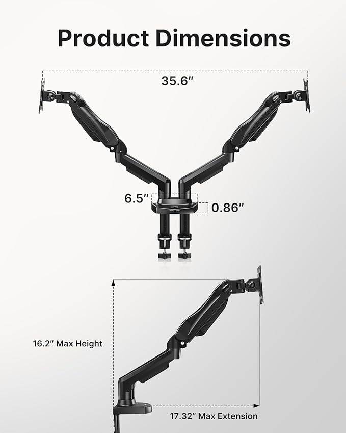 HUANUO Dual Monitor Stand - Full Adjustable Monitor Desk Mount Swivel Vesa Bracket with C Clamp, Grommet Mounting Base for 13 to 32 Inch Computer Screens - Each Arm Holds 4.4 to 19.8lbs