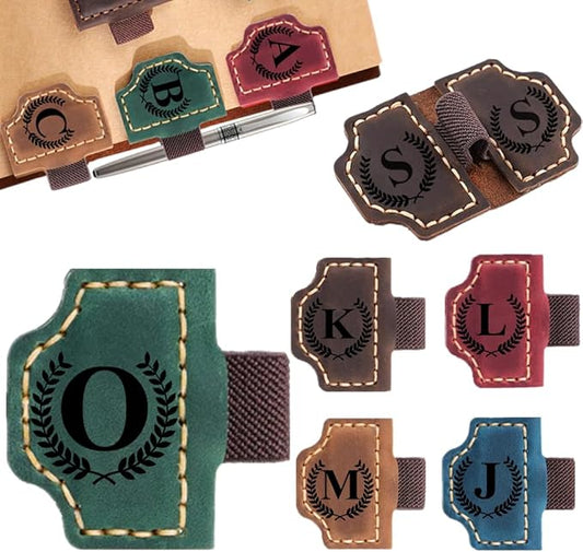 Custom Bookmark with Pen Holder with 26 Letters Personalized Magnetic Leather Book Mark, Customized Name Book Marker Clip with Initial for Men Women, Gifts for Book Lovers, Readers, (Green, O)